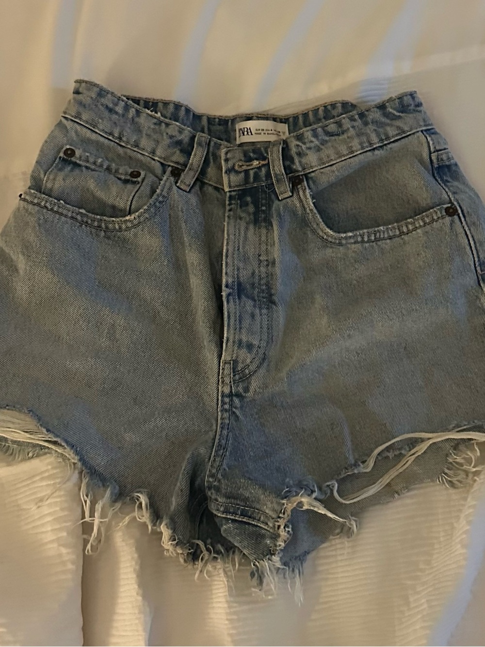 Zara Light Blue High Waist Frayed Denim Shorts
